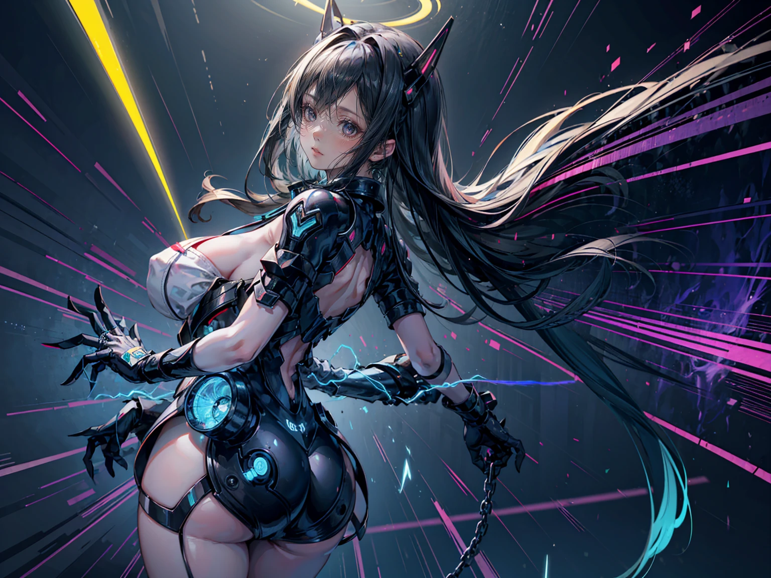 glasstech, cyberpunk, elf girl, cat ears, neon green hair, wings, electronic wings, cute face, city, lightning strike, dramatic, bikini, cyber robot companion sphere (best quality,4k,8k,highres,masterpiece:1.2),ultra-detailed,(realistic,photorealistic,photo-realistic:1.37), HDR, UHD, studio lighting, ultra-fine painting, sharp focus, physically-based rendering, extreme detail description, professional, vivid colors, bokeh, portraits, cyberpunk, elf girl, long pointed ears, exquisite cat ears, vibrant neon green hair flowing in the wind, delicate wings resembling shimmering feathers, impressive electronic wings with glowing circuits, captivating and cute face with sparkling eyes, a futuristic city as the backdrop, illuminated by neon lights, a mesmerizing lightning strike in the sky, creating a dramatic atmosphere, a stunning elf girl confidently wearing a bikini, accompanied by a cybernetic robot companion sphere, adding an element of mystery and technology.