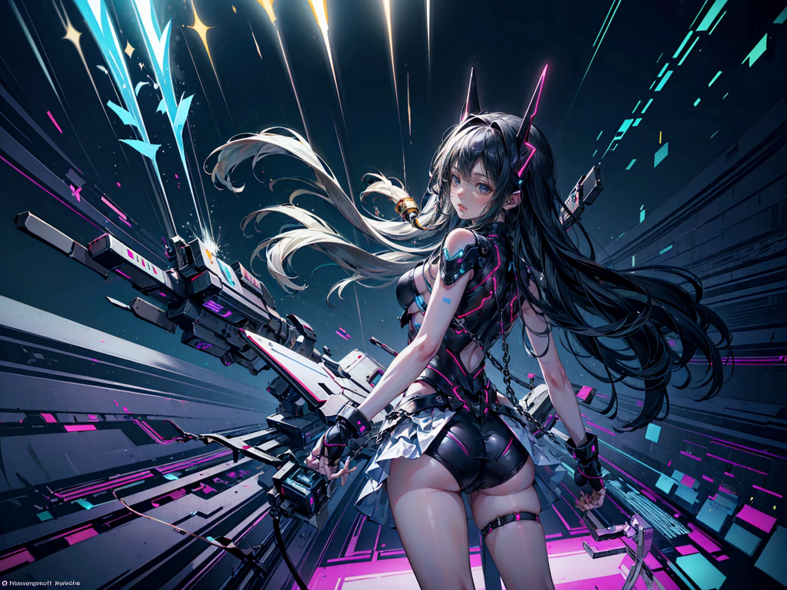 (masterpiece:1.5),(best quality:1.5),(ultra-detailed:1.5),illustration,(1girl:1.5),(solo:1.5), cyberpunk 2077,cityscape,concept art,nightcity,anime,lora,cowboy shot,perfect face,lustrous skin,long hair,beautiful detailed eyes,beautiful flowing hair,(holographic),(holographic clothing:1.2),(bloom),lighting, ray tracing,outdoors,neon lights, light particles,absurdism,hair ornament, hair ribbon,looking at viewer,ahoge,large breasts, (deep depth of field:1.5),