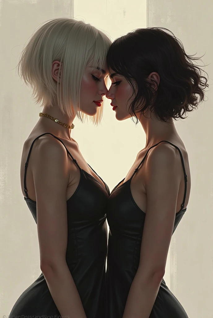 "Passionate lesbian couple, intense love, deep kiss, entwined lips, tight embrace."