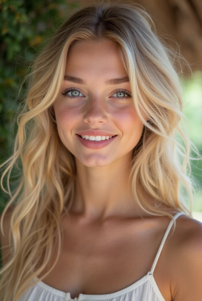 Charlotte McKinney with her hair up and painted lips and naked with a sexy smile.