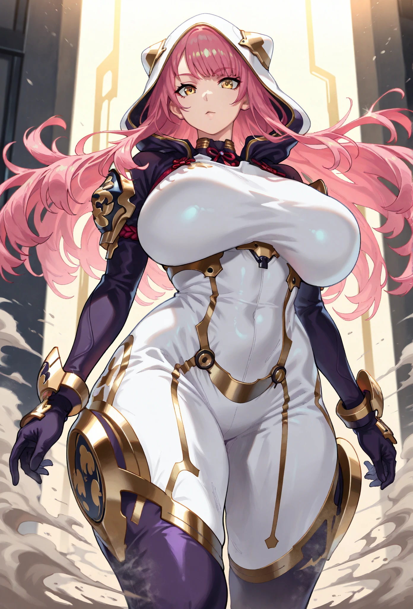 1 girl, long pink hair, (Cao Cao resolutiabout, pixel perfect, gorgeous illustratiabouts), (hyper qualit, piece flies, etheric: 1.4), (1 girl), (((((hand_about_having_In that:))))), (((stare,Cao Cao_flegs))), (((facing the front)), (((gazing_Mattire))), ((((In that: focus)))), ((tatoo)), ((Woman)), Cool atmosphere, (((Advanced armor))), blue colored eyes, ((((mysterious smile)))), (((cybernetic armor))), ((((((())))))), ((thick-tCao Caos)), (((Broad Hips))), ((Large breat are about to burst)), sexually, ()), (((what_to spend_technological armor))), ((firm skin)), knee-Cao Cao, lewd Woman, (shininin), big pink hair