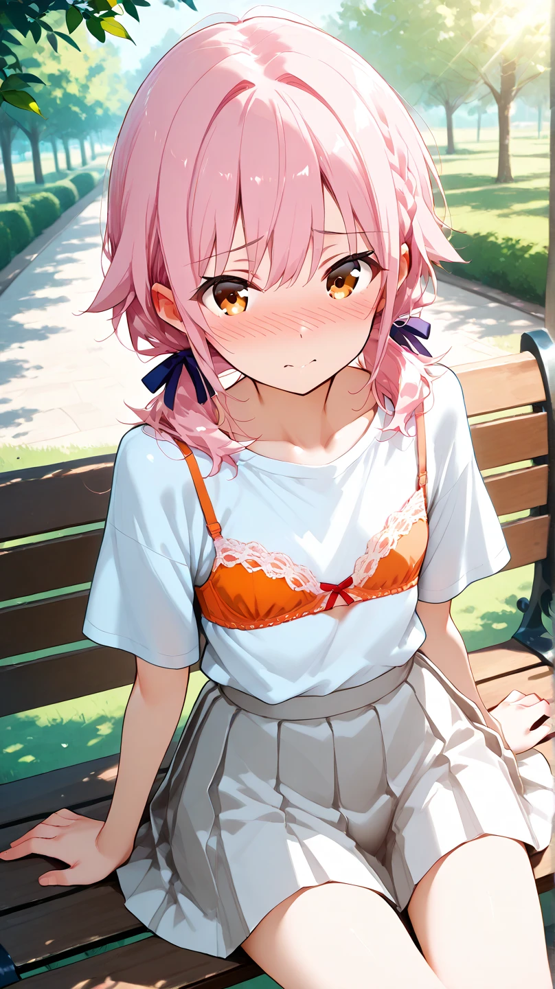 best quality, 1girl, sayori, portrait, solo, (light blush:0.5), (blush:0.2), short hair, pink hair, blue eyes, (small breasts:1.3), smile, (petite:0.5), 14 years old, (loli:1.6), sketch, (pink t-shirt:1.5), no bra, hair bow, red bow, (blue skirt:1.3), (nipple outline:0.9), (covered nipples:1.6), sunlight, sun beams, sitting on grass, sitting down, park, surrounded by flowers, (evening setting), sweet expression, (sfw:0.7), (ecchi:1.2), happy, (white panties:1.4)