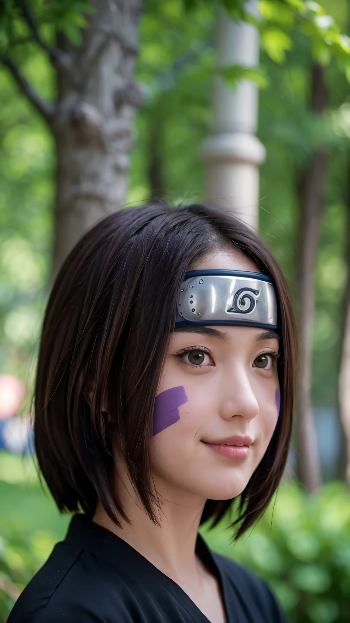 "Create a hyper-realistic portrait of Rin Nohara from Naruto Shippuden as if she existed in the real world. She is a beautiful age girl with soft, natural features and a gentle smile. Her medium-length dark brown hair frames her face, with two purple markings on her cheeks. Her eyes are warm and expressive, conveying kindness and inner strength. She wears a modern, real-world version of her ninja outfit, subtly inspired by the original anime design. The lighting is soft and cinematic, with a shallow depth of field, emphasizing her detailed facial features, smooth skin texture, and lifelike expression. Style: ultra-realistic photography, 8K resolution, natural lighting, high detail, soft focus background."