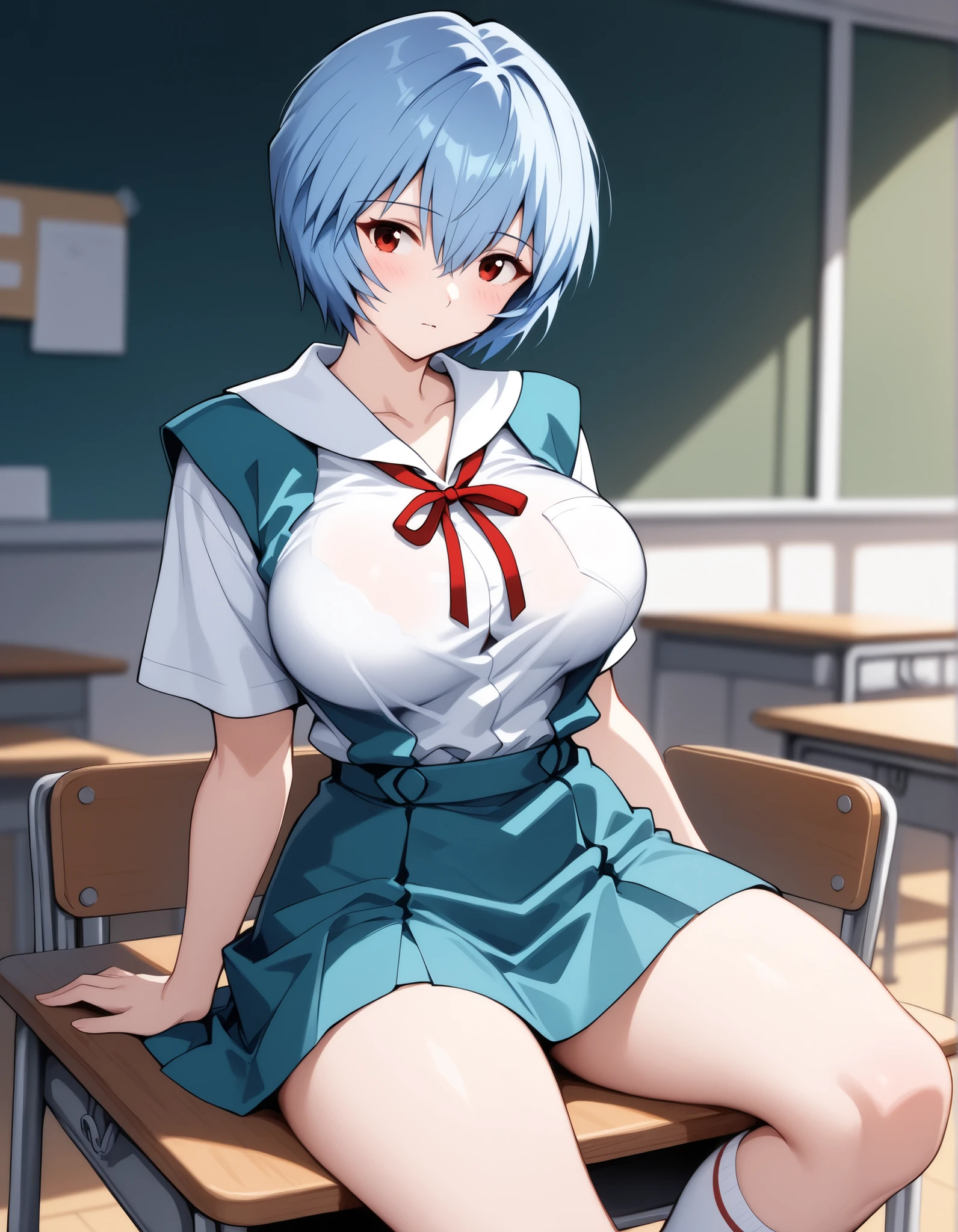 1 rapariga, Ayanami, evangerion, 8K, top-quality, 校服, Classroom, kindly smile, sit a chair, looking outside the window, Dusk light, detaileds、a miniskirt、((I-Cup Bust))、((Big butt))、((Generate images that always show the bust))、Beautiful nipples、thick thighs、Ecstatic look、Very comfortable appearance、grab the bust、((Pose with one leg raised to show genitals))、thick thighs、large udder、Wet female genitalia、Beautiful nipples、Erect nipples、Spread the female genitalia with your fingers、Squat and open your legs、Insert the vibrator into the female genitalia、large udder、little fat body、Clothes are wet and see-through、plump udder、sky blue thin pubic hair、Show me your female genitalia、Show me your nipples、Shirt with unbuttoned chest、Lift up your skirt and show your genitals、Please lift up your skirt and show me your butt..............、Erect nipples、Oblique dorsal angle、The whole body is soaking wet、Clothes get wet and nipples show through、Plump body、function、sensually、wide pelvic、Soft udder、soft ass、Thighs are soft,Rough shirt、Show me your nipples、Show me your female genitaliaください、Plump bust、Plump buttocks、(((Healthy body)))、Female genitalia dripping juice from erect clitoris、Plump bust、piledriver pose、knee widening pose、足を広げてShow me your female genitaliaください 足を広げてShow me your female genitaliaください、(((Draw and display extremely clear and faithful female genitalia)))、nipples with mammary glands、Spread your knees wide and stick your butt out、Angle from diagonally behind