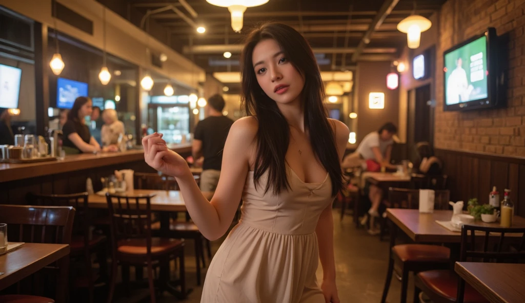 In 8K, Raw-Photo, Best quality, Masterpiece: 1.2), a stunning brunette, 25-year-old influencer/model, cityscape, night lights, cocktail dress, table with Asian friend