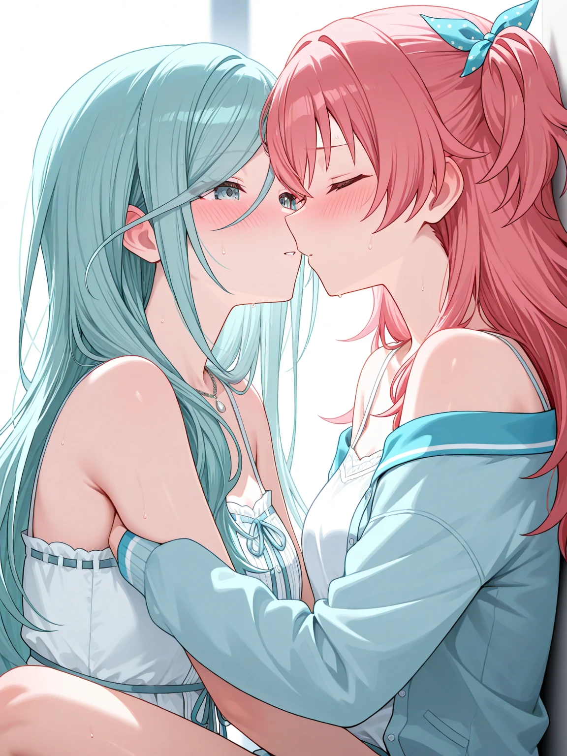 Masterpiece ,Top image quality,hight resolution,imagem 4k,Raw photo,Photorealsitic,extremely beautiful 2 hi-school girl kissing each other, friends, naughty face, blushing , extremely beautiful lesbian kiss, to stare each other closely, spit drips , white high Sox, white garter belt, school shirts exposures breasts and nipples, perfect small breasts, topless, See-through panties, red cheek, deep blue eyes color , top less , colorful hair, slightly laughing, horny scene ,cherry blossoms blooming, ghibli