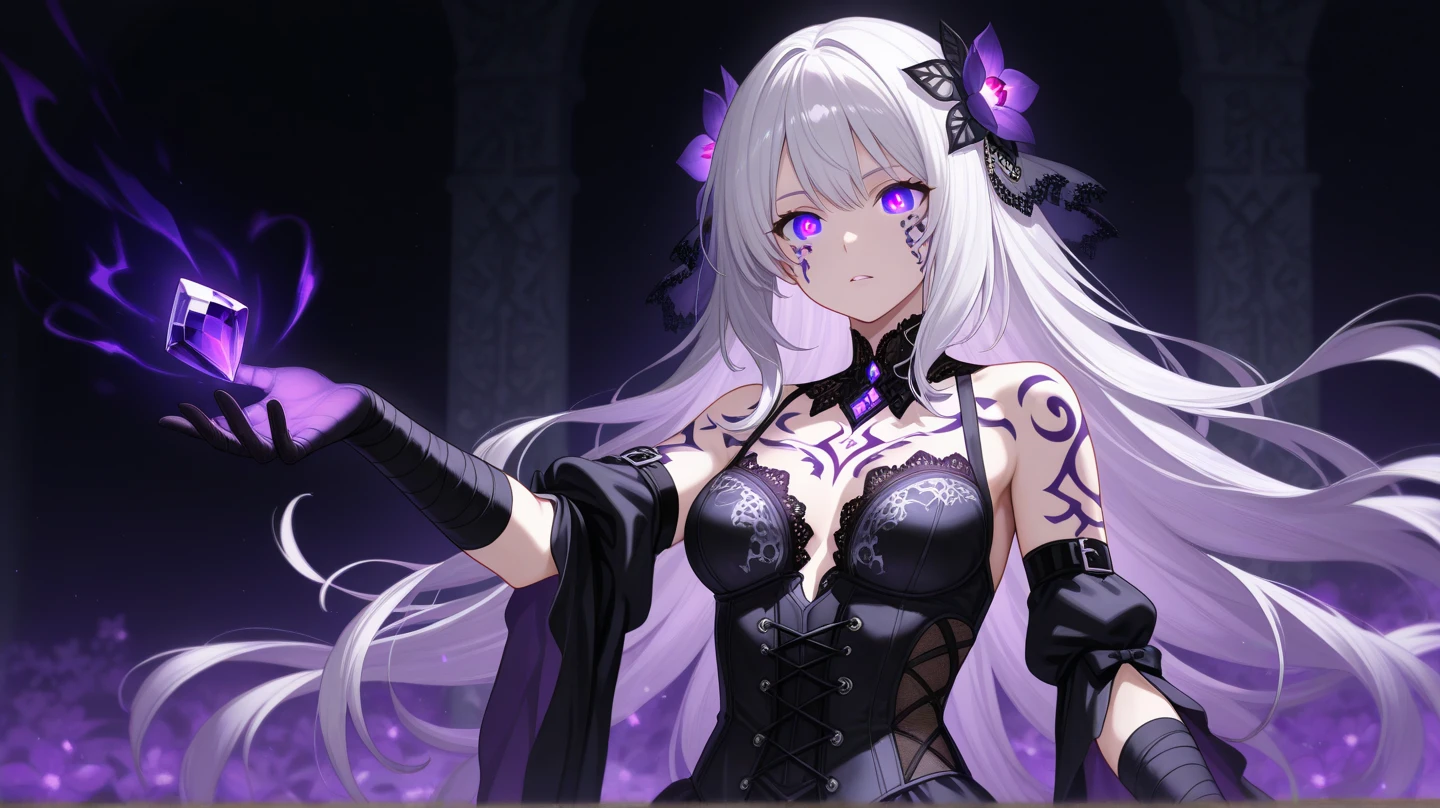 Vampire Queen Combat Dress (Radiant Royal Cloak: 1.2) Black and Purple Color, (extremely delicate beautiful eyes and depression but arrogant eyes), (multicolor, ponytail, iridescent hair, colorful hair, half purple and half pink hair: 1.3), (magical, mythic,fantasy), (Super Model Body Shape, idol, seducing body, attractive, gorgeous, charming, majesty, Sexy Devil aura), Original Character, Masterpiece, Tempting Purple Eyes, Purple Gemstone Accessories, Gold Belt, Gold Necklace, Wind Evil and body floating effect, Soft Moonlight, unique crown, (Corruption Tattoo on 1;1.25), (holding a Giant Scythe 1:1.3), 16k wallpaper style,bare shoulders, cute, petite, solo, stars, stardust, shiny body detailed, killing scenario, legend, horny blush, pink lips, cinematic lighting, full body close-up, scale up, twilight, dark magic, dark element, villain, battle mage, blindfold, solo leveling art style, perfect shade