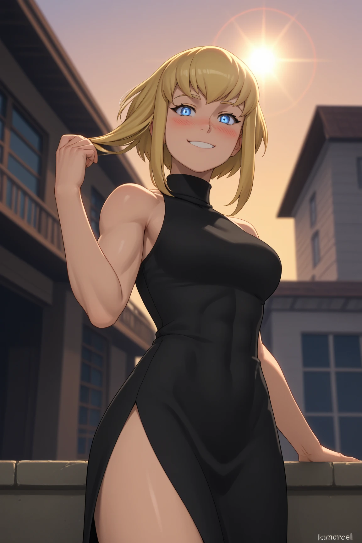 8k wallpaper, masterpiece, movie lighting, medieval setting, Beautiful female rogue with blonde hair and greenish eyes walking on a winding road with a smile on her face, sunrise with clear skies background, gremlin, mischievous smile