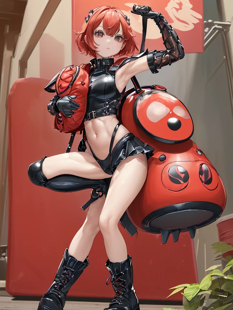 a girl wearing bra and panties only, full body shot, red hair, thigh high armored boots, simple background