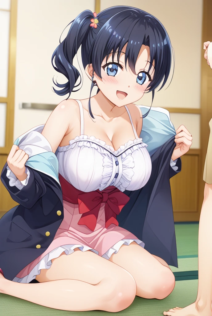 (((Pixel perfect, Perfect details))), alone, 1 girl, keke tang, Blue jacket, Yunooka school uniform, looking at the audience, Smile, :d,(((She lifted her shirt, Reveal under her bra))).(grabbing the breasts:1.4),Breasts squeezed together,