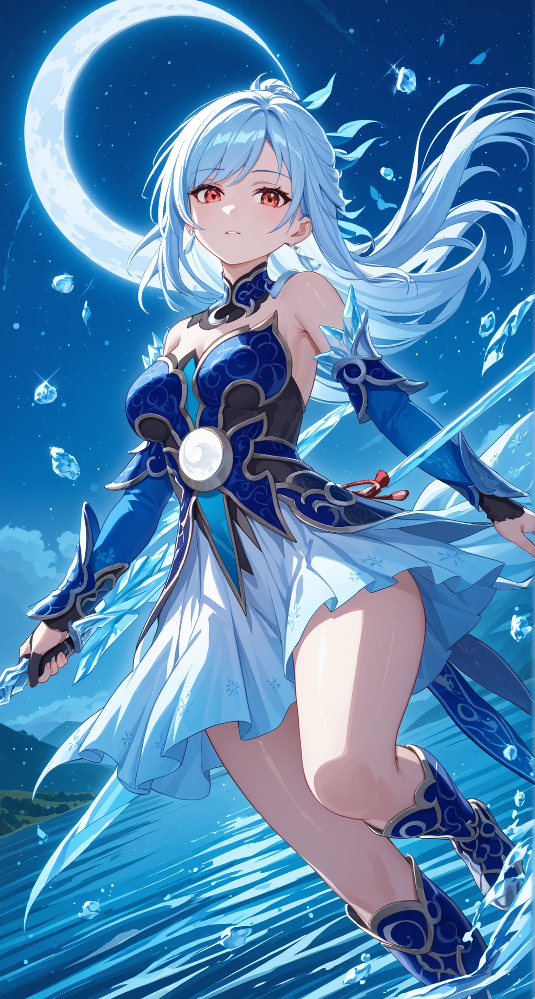 nsfw,Jingliu,glass cover,side shot,alternate color,masterpiece,detailed illustration,lifelike,{{{1Jingliu}}},shiny beautiful woman,cinematic lighting,dynamic angle,dynamic pose,depth of field,looking at viewer,1girl,jgsd,red eyes,blue armored dress,white skirt,tassels,hair ribbon,black gloves,blue sleeves,armored boots,light blue skirt,frozen lake,night,crescent moon,have a ice sword,expressionless,jumping,floating in the air,arched back,open legs
