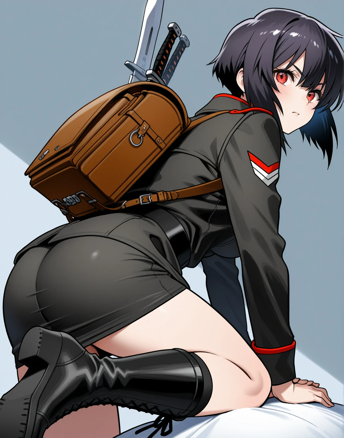 1girls, tan skin, tan, tan-skinned female, from behind, ass, ass focus, thong, panties, jacket, smile, smirk, smug, breasts, huge ass, ((huge ass)), thick thighs, mature female, milf, hourglass figure, black hair, very short hair, yellow eyes, forest, black jacket, ((black jacket)), hooded jacket, military hat, cap, gloves, highleg, spiked hair, ((highleg)), military jacket, bare legs, tomboy, ((walking)l, walking, walking away, ((walking away))
