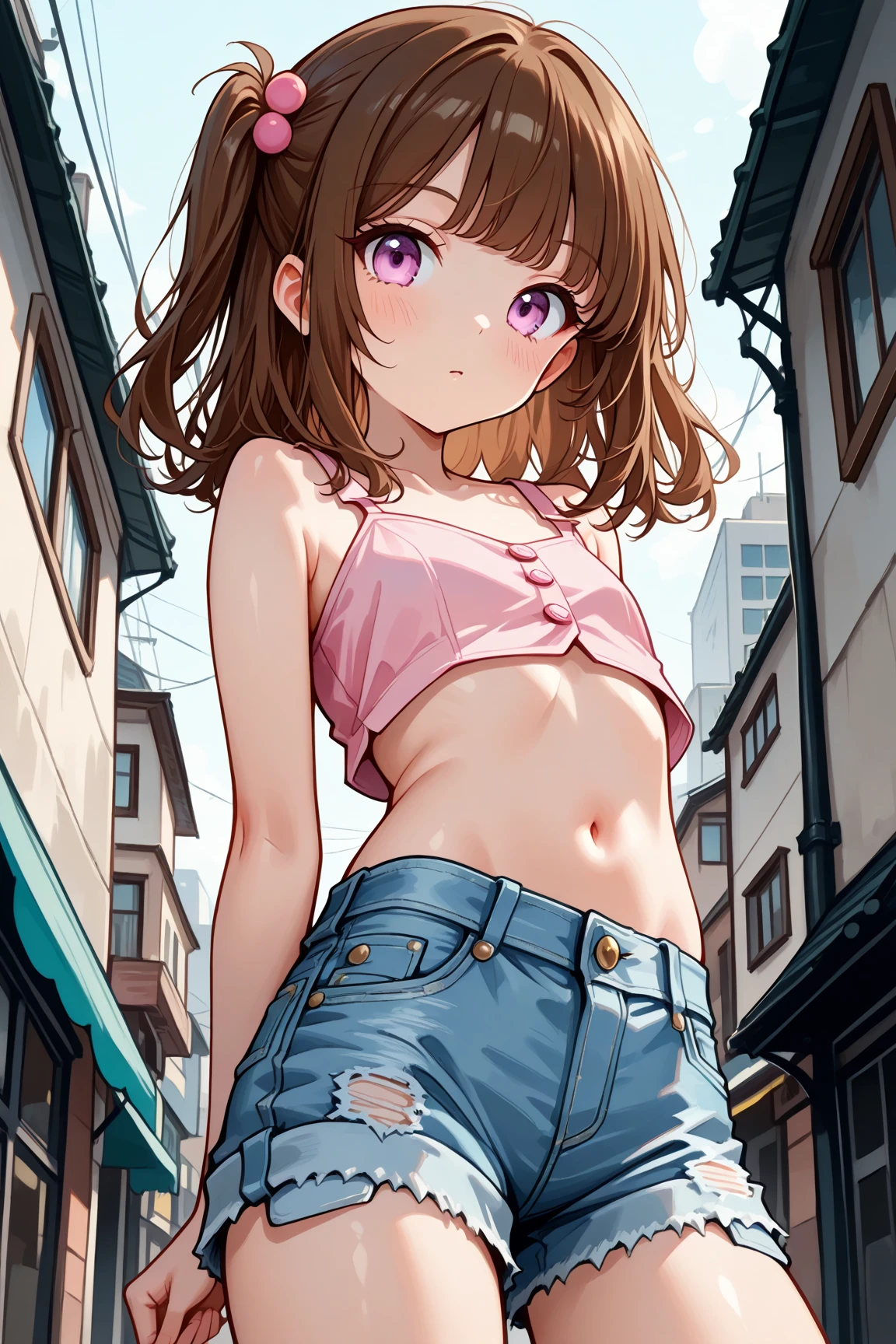 Sleeveless,Sweaty,A perfect smile, (Perfect Anatomy, Anatomically correct, Highly detailed skin), Cute and symmetrical face, Perfect Face, Perfect Eyes, Perfect Fingers, Five Fingers,Smartphone in one hand, ((Hairstyle,Inner Color,money,Bobcut))((White tube top,Brown Check Skirt)),Earrings,Street Corner,((Shoulder bag,Wear diagonally)),Go down the stairs,Angle from below,Dripping sweat,((Blue string panties)),Spread your legs,Wet Panties,Dildo,Vulgarity