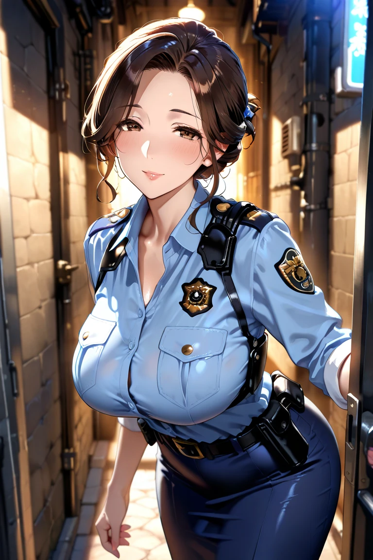 masterpiece, best quality, mature woman, mature face, bob hairstyle, brunette hair, mature face, hot face, sharp eyes, medium breasts, curvy body, hazel eyes, police outfit, looking at viewer, tough appearance, prison cell, jail cell, (looking serious), pissed off face, glaring eyes, angry expression, (chained up, restrained) 