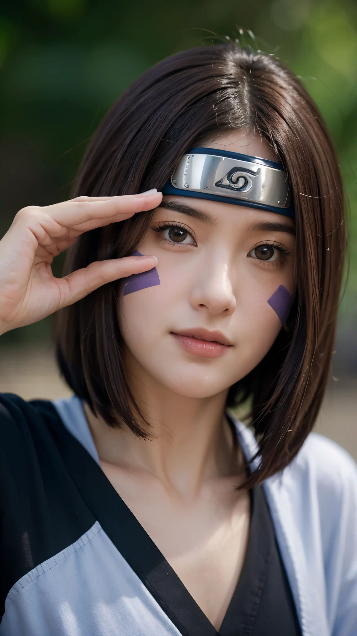 "Create a hyper-realistic portrait of Rin Nohara from Naruto Shippuden as if she existed in the real world. She is a beautiful age girl with soft, natural features and a gentle smile. Her medium-length dark brown hair frames her face, with two purple markings on her cheeks. Her eyes are warm and expressive, conveying kindness and inner strength. She wears a modern, real-world version of her ninja outfit, subtly inspired by the original anime design. The lighting is soft and cinematic, with a shallow depth of field, emphasizing her detailed facial features, smooth skin texture, and lifelike expression. Style: ultra-realistic photography, 8K resolution, natural lighting, high detail, soft focus background."