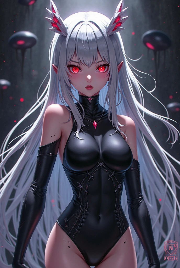 humanoid woman, height two meters and fifteen, gray skin color, long bronze hair color, two large ivory horns, black eye sclera, amber iris color