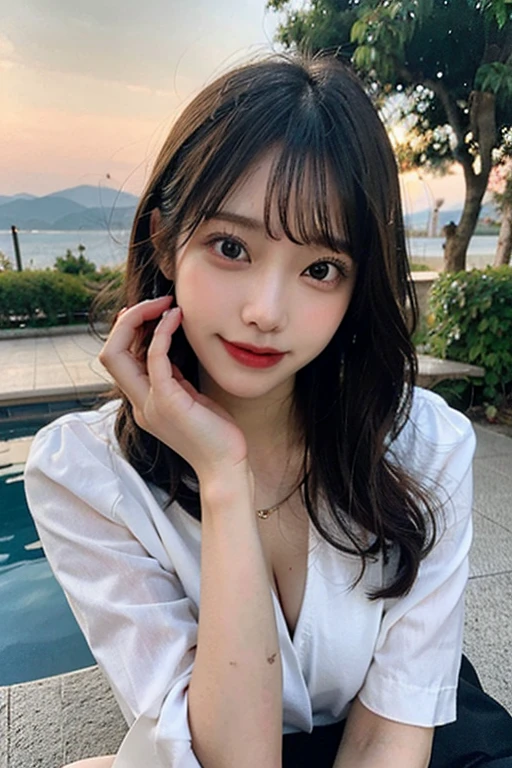 Woman with perfect style、Japanese high school girl、double eyelid、Breast augmentation、chest to chest、uniform、cleavage、bob、best image quality、Ocean、sunset