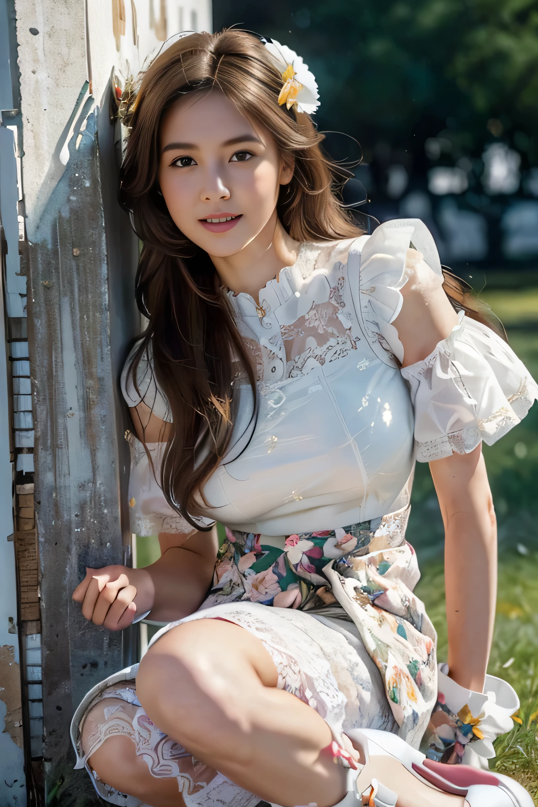 Highest quality、Highest quality、High resolution、、Young Japanese Woman、One Woman、Off the shoulder、Tight dress、Beautiful feet、smile、Brown Hair、Long Hair、Brown Hair、Slightly larger breasts、garden、sexy、Delicate face、Real、Like the picture、Her underwear is visible