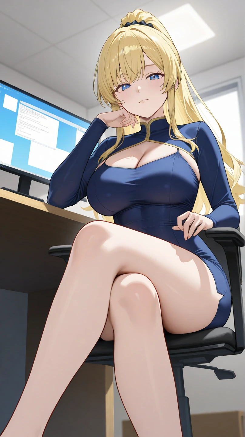 (highest quality:1.2,evil lady,cg, Very detailed, High Detail, digital coloring, High Contrast, masterpiece:1.2,suits, highest quality, Best aesthetics), 8k,masterpiece, cute,tall,beautiful,best quality, 1lady,blonde hair,long hair,wavy hair,empty eyes, (finely detailed glowing eyes and detailed face),,,,extremely detailed cg unity 8k wallpaper,solo,(latex military costume:0.9),large breasts,seductive smile,,latex thighhigh,large breasts,black hair,pink eyes,no jacket,formal shirts,thighhigh,,enamel suits,grossy lips,sitting,tight skirt,sadistic smile,,heel,shiny skin,tight skirt,detailed face,beautiful body,,adult,,show me breasts,sadistic,seductive smile,business suits,latex,no tie,bust shot,open mouth,necklace,office room,from below,burikko pose