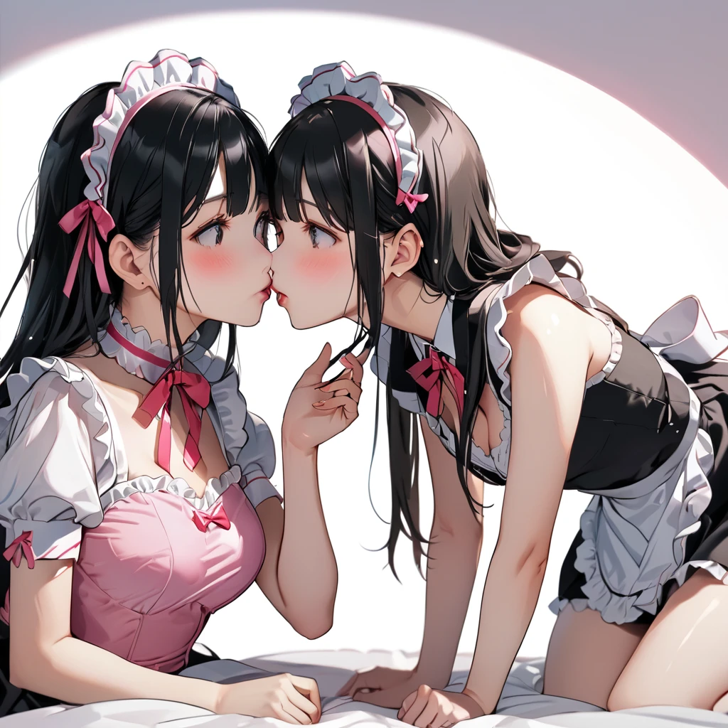 Hands Behind Back,Tied with hands behind back,lick,from front,front view,looking at viewer, looking ahead,from above,cowboy shot,2girl,two people standing side by side,Beautiful old girl,Japanese,Slender,,low length,Small breasts,Thin legs,Small Ass,Baby Face,Small face,Black Hair,two side up,Drooping eyes,black eye,middle School girls,Sheer black and pink negligee,Sexy Lingerie,Collar with leash,open mouth,Stick out tongue, saliva ,front face,Kneeling,Straight Stand,Beautiful and detailed anime art,Desire expression,crave,Sexy vibe,cum on tongue,Dimly lit room,On the bed,Simple Background,Gray background,Low lighting,