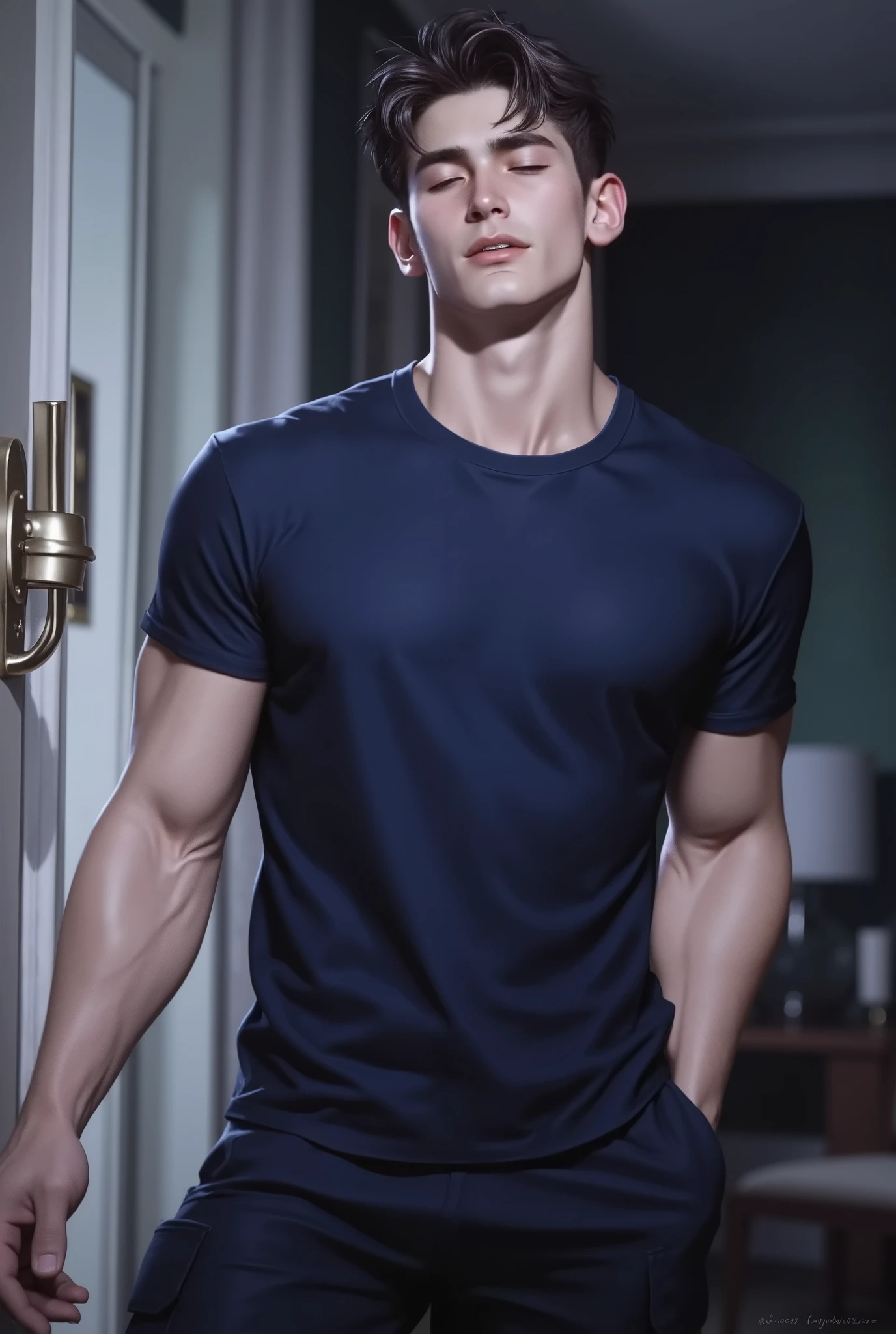(Create a masterpiece: 1.2),(CGI art:1.3),(realistic:1.5),(After processing:1.3), (Sharp focus:1.3), 1 man, open mouth, smile, (Navy blue round neck t-shirt:1.3), Navy cargo pants, Korean guy , korean men, (High gloss details), chest muscles, large arm muscles, blood vessel, Big muscles, Broad shoulders, looking at the audience, Balancing the eyes, bedroom, Close your eyes.,(open mouth:1.1)