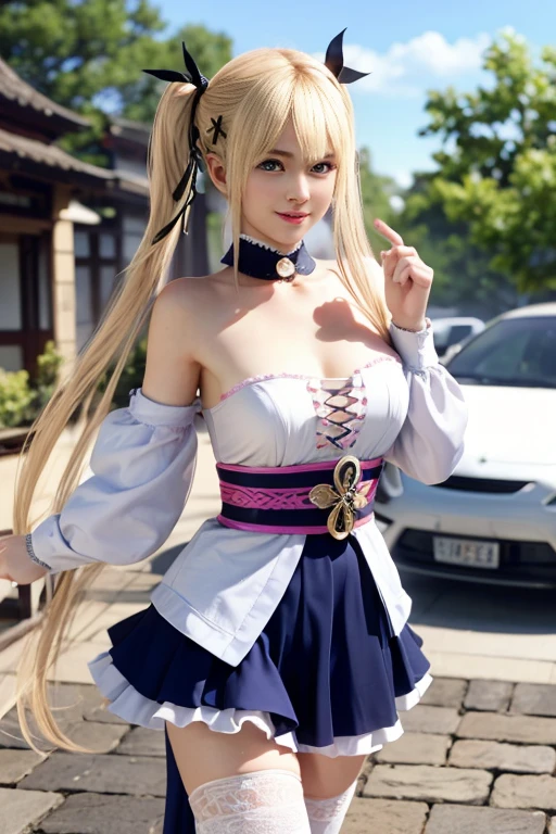 Masterpiece, Superb Style, Full Body, 1Girl, Bangs, Black Choker, Black Tie, Blonde Hair, Blue Skirt, Blush, Bracelet, Beautiful Breasts, Choker, Waist Dress, Collarbone, Collared Shirt, Denim Photos, Dress Shirt, Ear Piercings, Eyebrows Visible Through Hair, Gradient Hair, Grin, Gyaru, Jewelry, Kogal, Long Hair, Looking at the Audience, Loose Tie, Tie, Piercing, Plaid Skirt, Plaid Skirt, Pleated Skirt, Red Eyes, Ring, School Uniform, Shirt, Skirt, Smile, solo, white shirt, street, sky, cherry blossoms, petals, illustration, (magazine: 1.3), (cover style: 1.3), fashion, woman, vibrant, attire, pose, front, colorful, dynamic, background, element, confident, expressive, hold, statement, attachment, majestic, coiled, around, touch, scene, text, cover, bold, eye-catching, title, fashion, font, catchy, title, bigger, eye-catching, modern, stylish, focused, stylish, black stockings