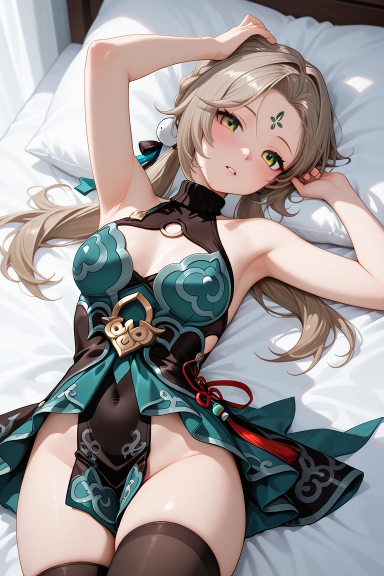 NSFW,Hololive,Kazema Iroha,Blonde,ponytail,hair ornaments,Headband,kimono,Haori,Belly button cover,Black gloves,Pleated skirt,Green skirt,White knee socks,Cleavage,Skirt Lift,Embarrassed,blush,Expectant gaze,Face to the side,Mansion at night,Japanese-style room,Futon,(Perfect hands),(Perfect Anatomy),(masterpiece),(highest quality),Lying on your back,Stretch your arms,One man,Sleeping together