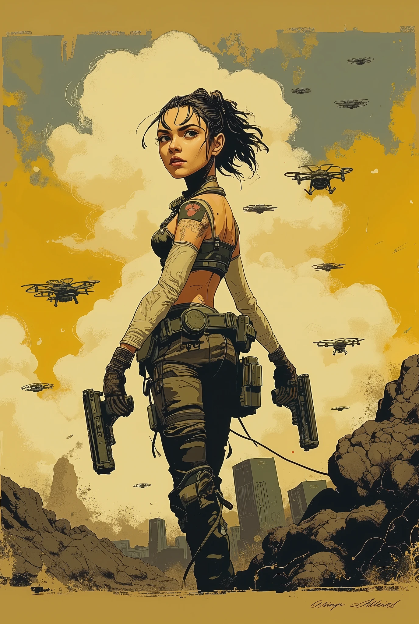 female starship mechanic, view from behind, ligne claire illustration, illustration by Roy Krenkel, science fiction, post-apocalyptic, ass focus, nsfw, topless, (tool belt:1.2), cluttered starship interior