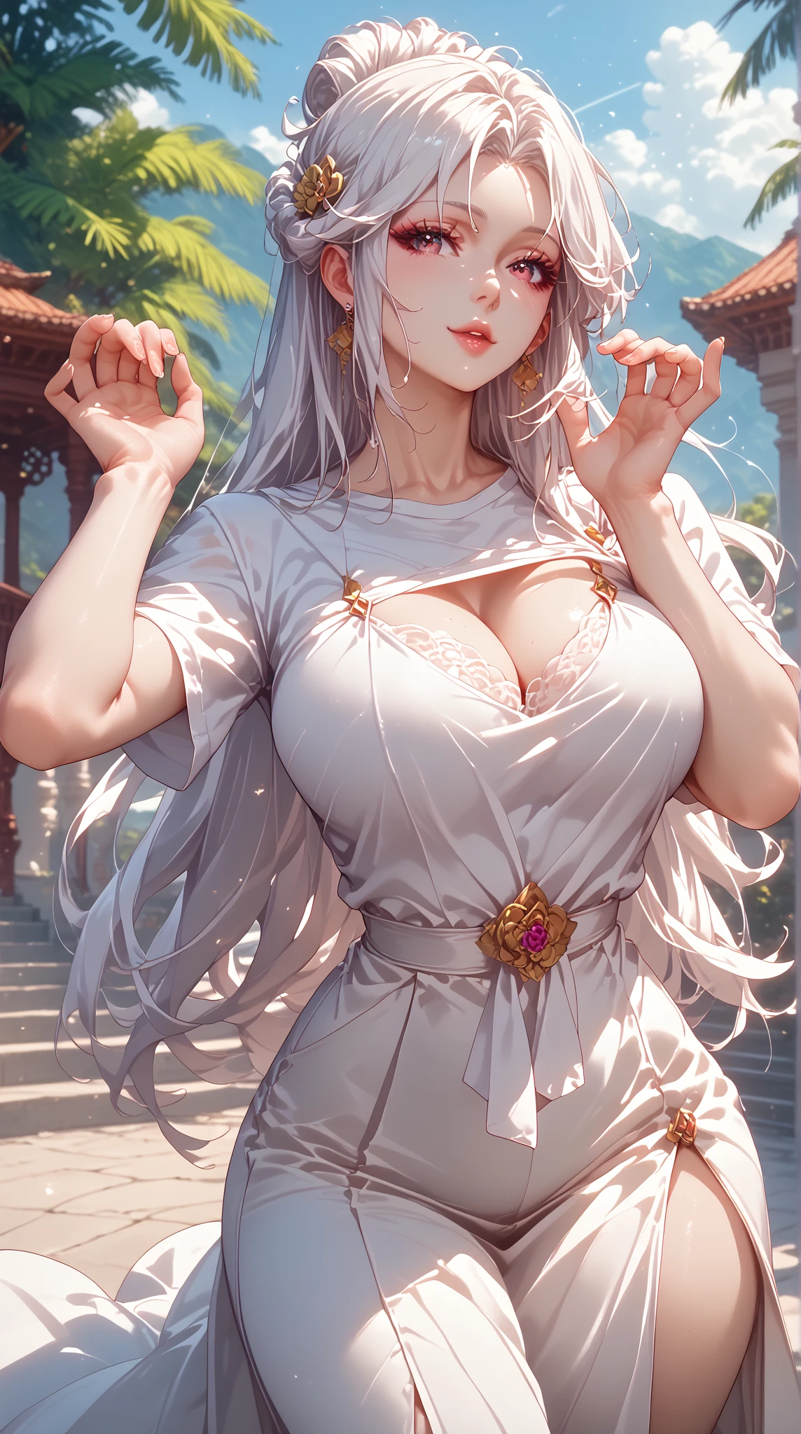 score_9, score_8_up, score_7_up, source_anime, (masterpiece), best quality, expressive eyes, perfect eyes, perfect face, oni girl, oni horns, red eyes, soft lips, long hair, very long hair, wide hips, (white hair:1.2), (white eyebrows:1), (white eyelashes:1), medium breasts:0.5, higuchi madoka, big breasts:0.3, standing, background: City, helmdress0.1, white dress, jewelry, earrings, cleavage, side slit, thigh strap