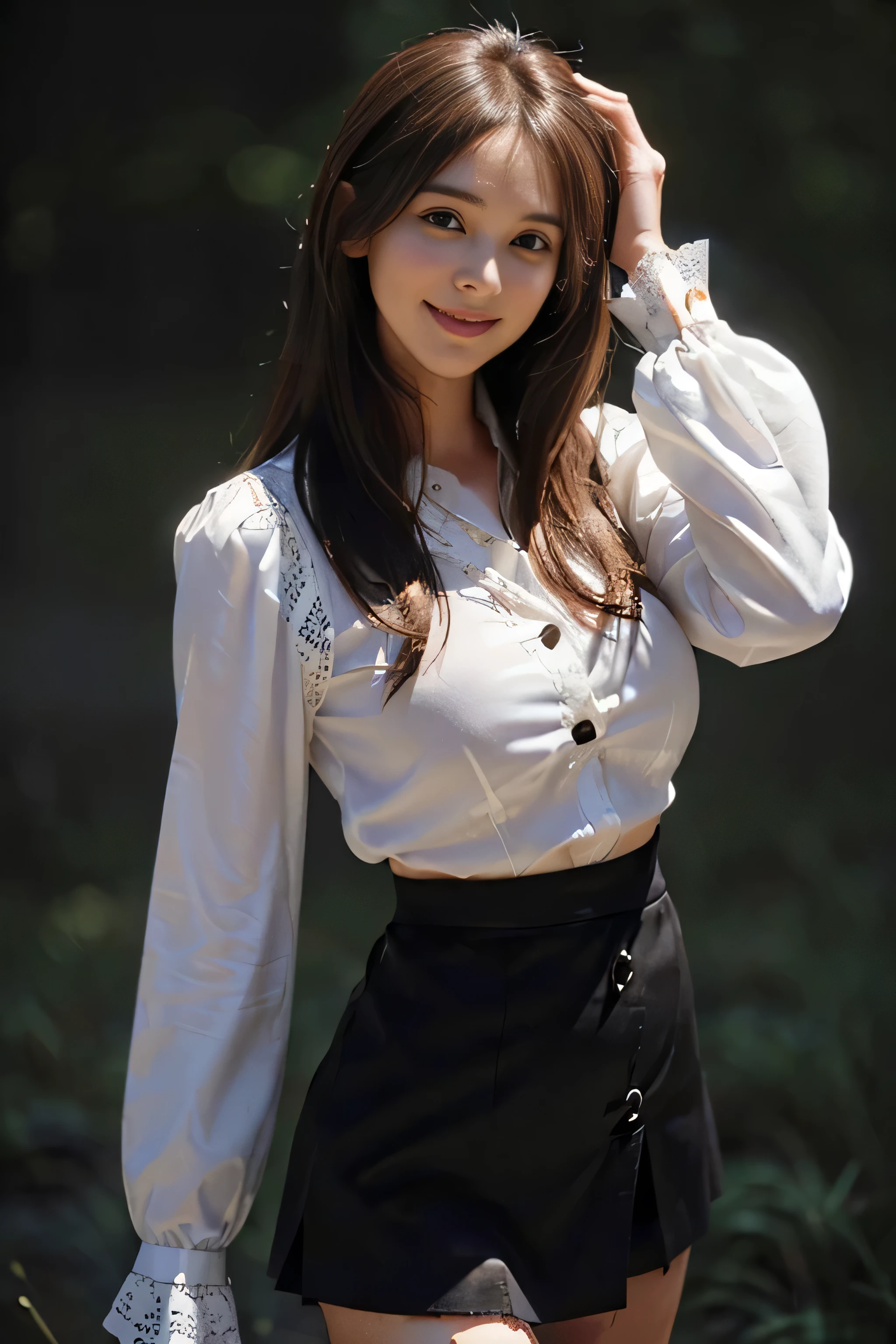 master piece, highest quality, 8K, 10 years old, teen, Raw photo, disorganized, award winning portrait, smile,baby face、 solo, idol face, delicate girl, Upper body, digital single lens reflex, view audience, Frank, Sophisticated, thin arms, professional lighting, film grain, chromatic aberration, (eye and face details:1.0)、(Bokeh:1.1) , (Autumn leaves in the background、The silhouette is beautiful with sunlight reflecting off the sparkling backlight...。:1.2)、(shirt with buttons:1.1)、(navy pleated skirt:1.2)、black hair、((Medium chest))、(beautiful girl:1.2)、(super cute:1.2)、Translucency、lift up the skirt、((cleavage))、light pink lips、small