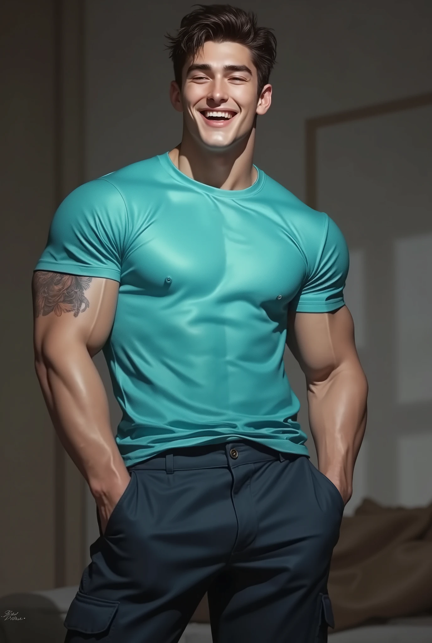 Japanese men、、Well-developed muscles and smooth skin、Fluffy, voluminous, bright green hair、Light blue boxer briefs、See your whole body from head to toe、Smiling softly and friendly、Hero Academy、Masculine poses in the shower