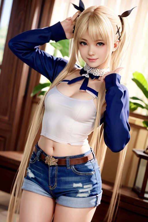 anime girl in a short skirt and a blue top posing for a picture, anime girl named lucy, female anime character, hq artwork, splash art anime , official artwork, marisa kirisame, blonde anime girl with long hair, official art, key anime art, high detailed official artwork, detailed key anime art, portrait of a female anime hero, seductive anime girl