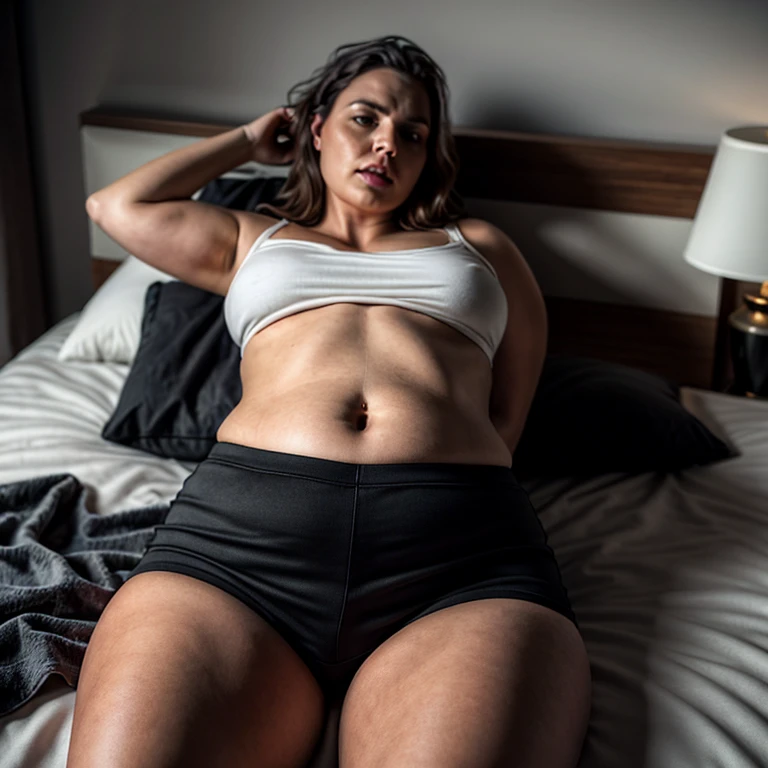 Cinematic, RAW, realistic graphics, realistic textures, Best quality, high resolution, (((Masterpiece))), High-definition, ultra-detailed, ultra-realistic rendering, soft focus, ultra-hd, realistic body proportions, 1 girl, (((12 years old))), pretty face, chubby body, cute eyes, curly hair, white crop top, no pants, in bedroom, detailed bedroom, (((pooping))), (((full body view))),