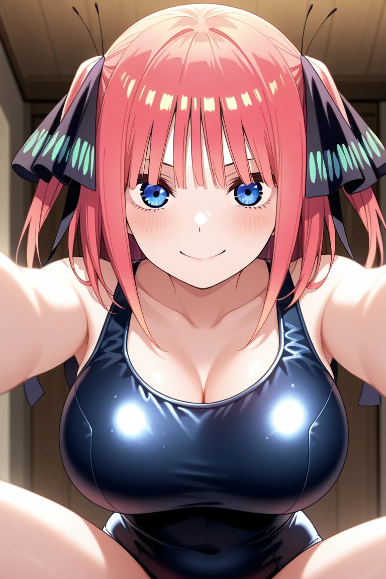 best quality, insanely detailed, nino nakano, black latex swimsuit, breasts, blush, bedroom background, smile, pussy, highleg latex leotard,(torn clothes:1.3)