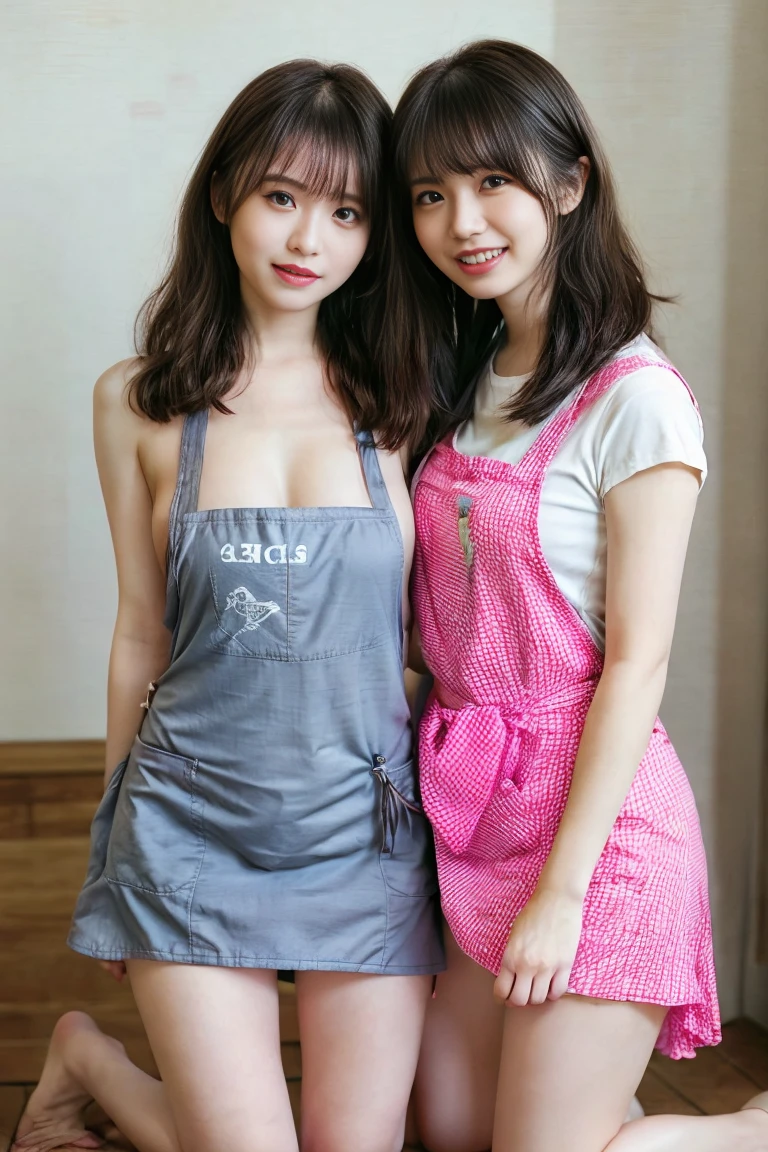 masterpiece、1girl、Woman in apron posing in kitchen、flawless anatomy、Beautiful Asian Woman、Symmetrical limbs、Five fingers of a person、Realistic kitchen、Apron on sexy skin、Sexy look on camera、big chest、Double eyelids、16K、maximum quality、beautiful korean woman、good hand、 goddess of Japan、Lustrous skin、an ultra realistic、Photo from the knee up, 2 girls, , armpit, blonde, necklace, black stocking, hand stocking, big