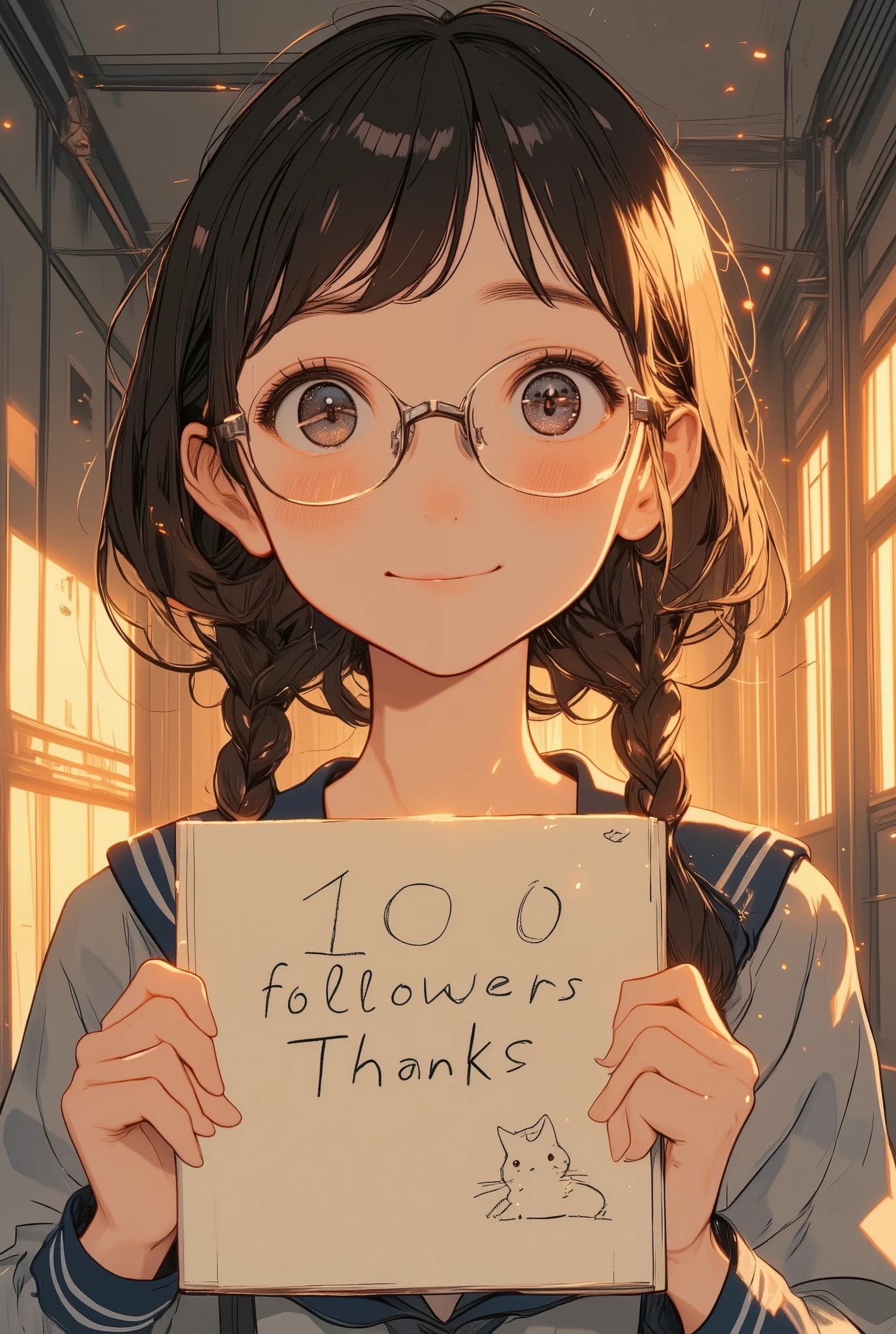 mid-angle view,
a modest Japanese high school girl with glasses and neatly braided twin pigtails, looking directly at the viewer with a shy but sincere smile,
she holds a sketchbook in front of her chest with both hands, clearly displaying the handwritten message “100 followers Thanks” in neat, slightly wobbly letters,
a small doodle of a cat is drawn next to the text, simple and cute, adding a touch of personality,
she wears a plain sailor-style school uniform in muted navy and gray, her posture slightly reserved, cheeks lightly blushing,
illustrated in a cinematic anime style with warm sunset lighting, rim lights on her hair and glasses, and soft golden tones on her face,
the background shows a softly blurred school hallway with long shadows and glowing windows, dust particles floating in the air,
main color palette: muted navy, pale gray, cream paper, soft orange and amber glow,
the mood is humble, warm, and heart-touching, filled with quiet gratitude and gentle charm,
best image:1.5, cinematic anime style:1.4, illustration style:1.2