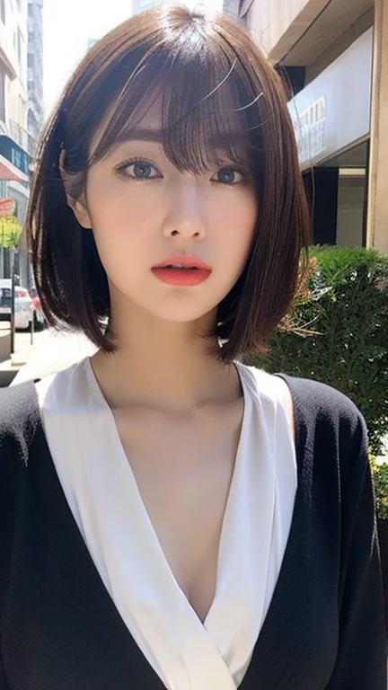 Bewitching eyes, well-balanced eyes, //street snap //wearing "HERMÈS" clothes, //breast focus, ((facing viewer)), //at the street in tokyo, //japanese lady, pale skin, bob cut, black hair, dark blue hair, blunt bangs,//((standing)), high quality:1.3, Professional lighting:2.0 realistic:1.2, 4k resolution, detailed skin, masterpiece:1.1