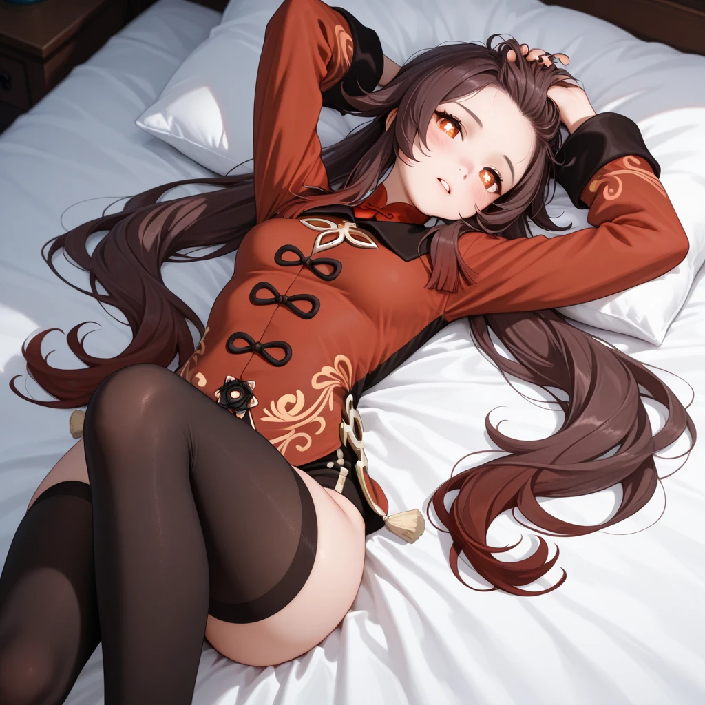 best quality, 8k, best quality, night, bed, dim lamp, masterpiece, (cheerful), full body photo of a petite girl with long brown wavy hair, messy hair, golden eyes, round glasses, solo, sexy, very long black stockings, miniskirt, cleavage, lying down, hard nipples, spread legs, mouth slightly open, fair skin, side braids, surprised, dripping liquid from mouth have a red face, shot from below
