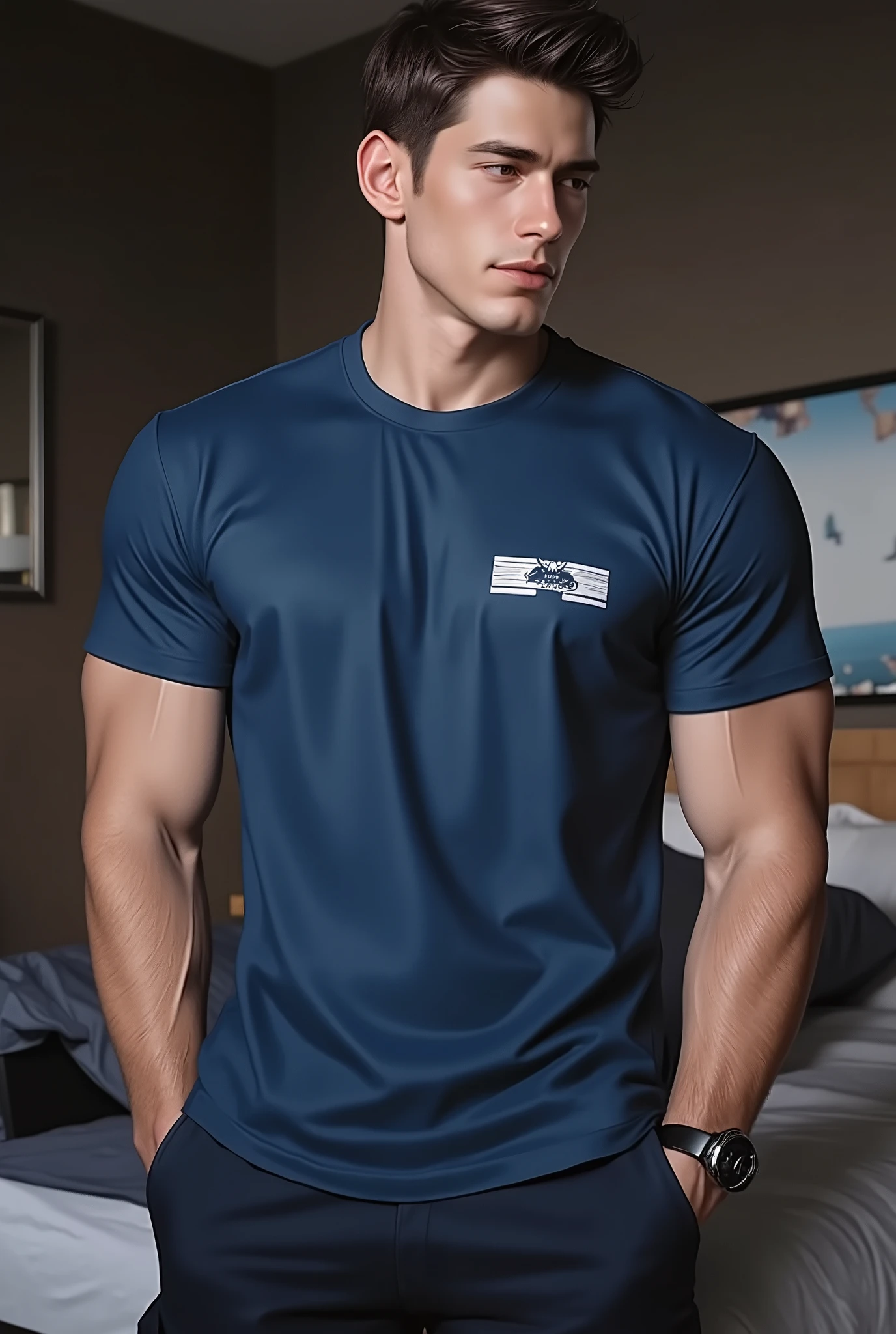 (Create a masterpiece: 1.2),(CGI art:1.3),(realistic:1.5),(After processing:1.3), (Sharp focus:1.3), 1 man, open mouth, smile, (Air Force blue (RAF) round neck t-shirt:1.3), Navy cargo pants, handsome 20years mix men, (High gloss details), chest muscles, large arm muscles, blood vessel, hunk muscles, looking at the audience, Balancing the eyes, bedroom,