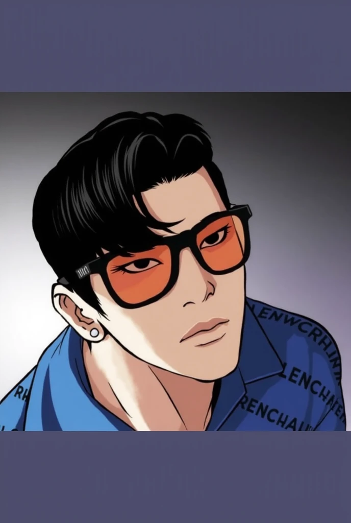 Create a digital illustration of a young man with an intense, brooding expression. He has injury between eyes. He should have sharp, angular features, short black hair styled in a modern quiff, and thick, dark eyebrows. Include large, square-framed glasses that dominate his face. The man is smoking a cigarette, with wisps of smoke curling upward. His gaze is directed slightly to the side, giving him a contemplative air.