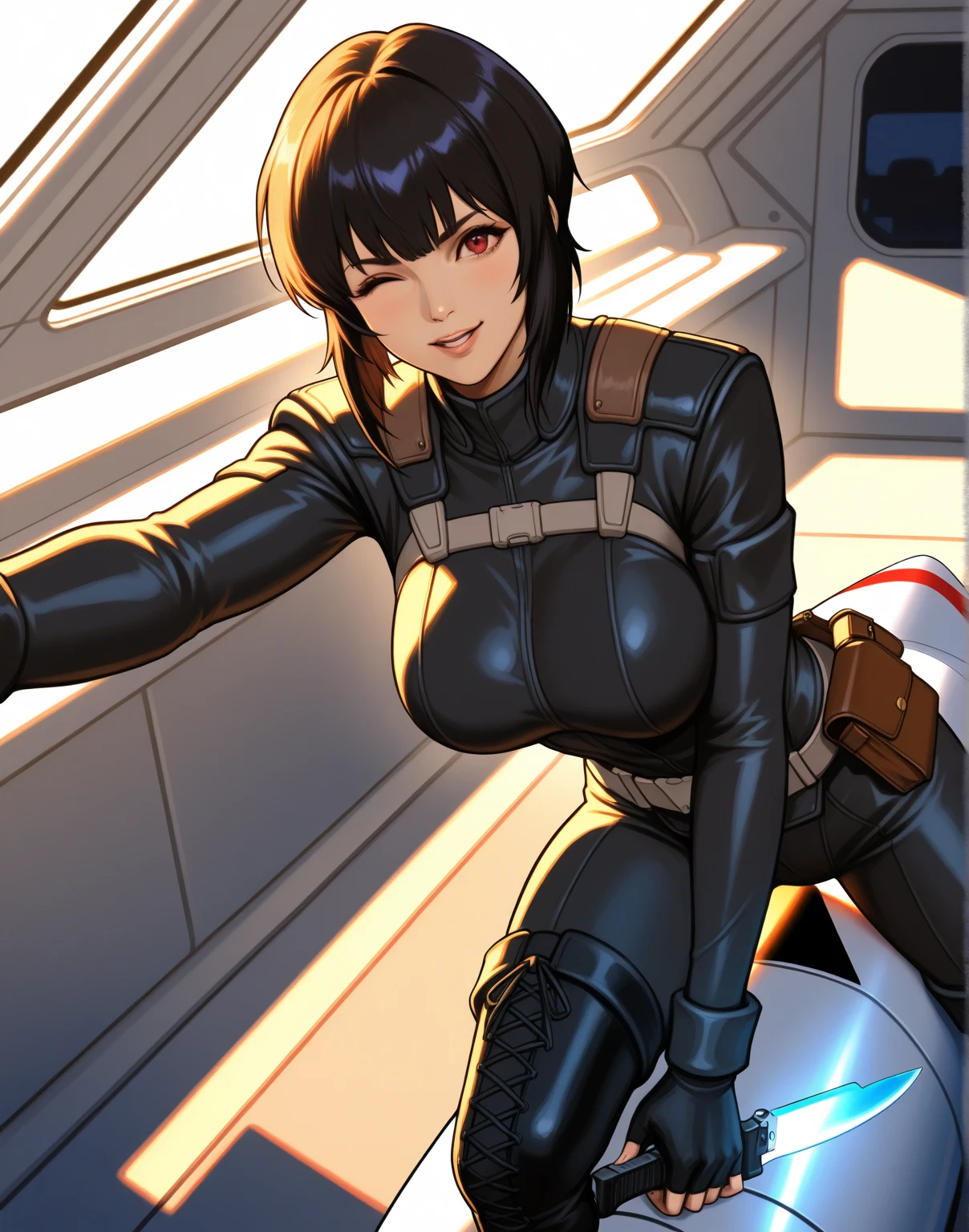 Beautiful mature milf dark elf with black hair and brown eyes in leather armor with big breasts and daggers