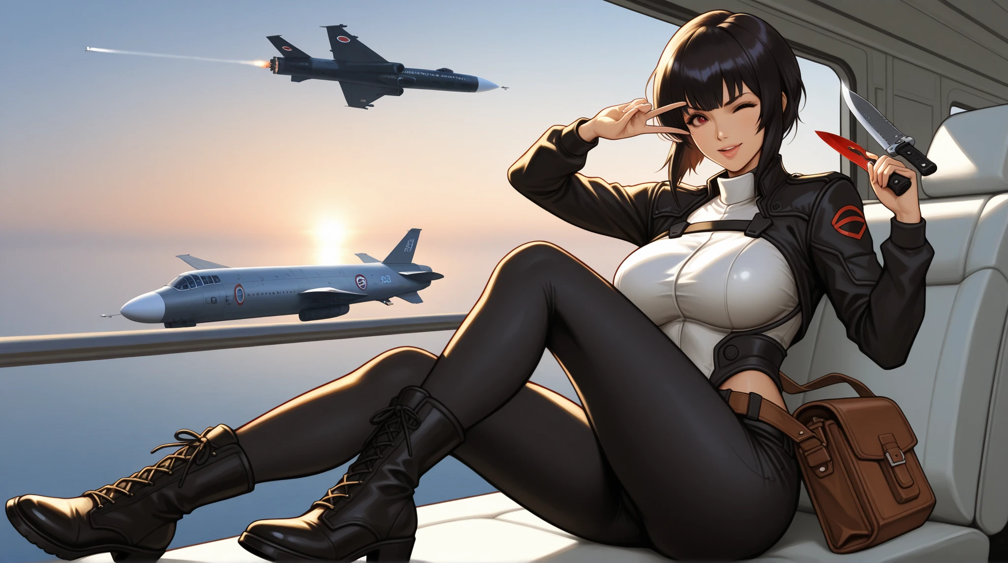 A giantess with big  and hips fully naked is sitting on the front of a supercar 