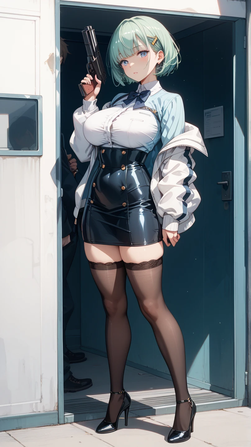 Night time,(Masterpiece), Best Quality, ultra-detailed, 1girl (rinko_iori, Slender and sexy body, huge breasts, wide hips, dark blue hair, long wave hair, blue eyes, half-closed eyes), evil face, smirk ,parted lips, mascara, full makeup, red lipstick, hookerchic, facing viewer, looking at viewer, solo, black latex jacket, short jacket, purple lace bra, navel, black skirt, tight skirt, micro mini skirt, purple lace panties, fishnets, outdoor, street, neon sign, wall, against the wall, standing, one leg up, sexy waist teasing, ,Full-body