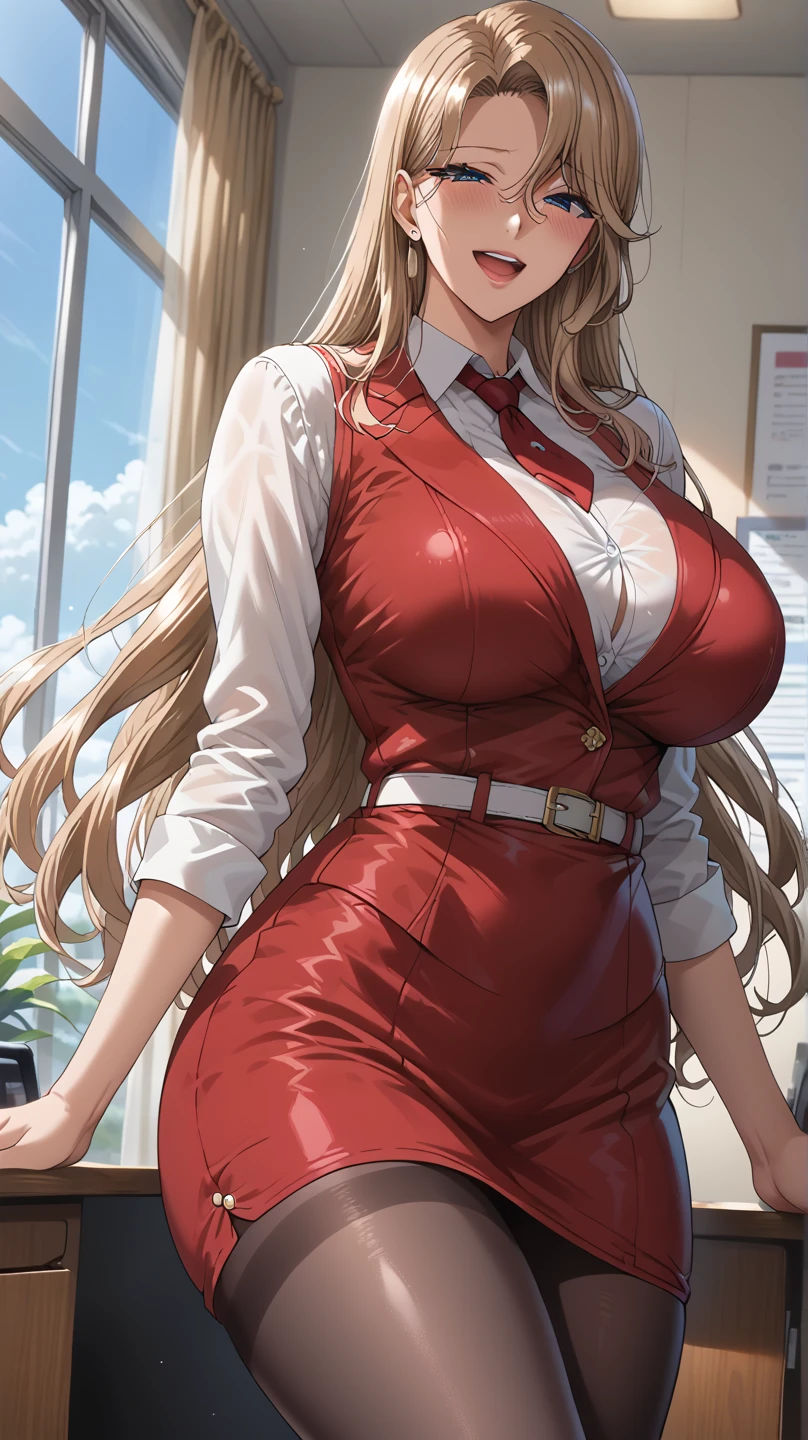 (highest quality: 1.2, Highly detailed, Latest, Vibrant, Super detail, Ultra-high resolution, High contrast, masterpiece: 1.2, highest quality, Best aesthetics, aya:0.9), alone, (1 woman), /( teacher/ ), (teacher), long hair, blonde hair, (red eyes: 1.3), long hair with brown highlights, thighs, skirt, sexy, cleavage, painted nails, belt, thighs with tights, glasses, classroom, shake hands welcome, pink lips, heels, red dress, sexy thigh, detailed leg, dynamic angle, random pause, highly detailed face and skin texture, cowboy shot,una pierna levantada
