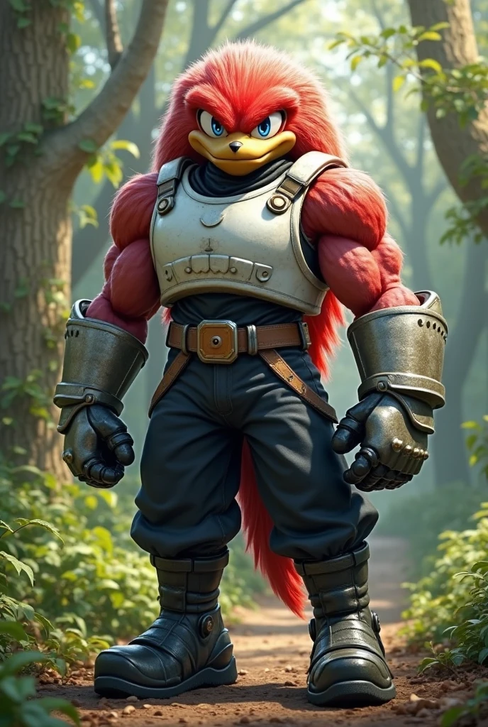 a anthropomorphic furry red echidna buff,muscular wearing a adventurer outfit,scars,cowboy hat,Sonic the Hedgehog,guardian,Knuckles,thick,90’s style. He’s androgynous, a sensual ,cool expression,full body.The scene has a cool,sweet,sexual,Panzer Dragoon style and a vibrant tone. Jungle setting in the background