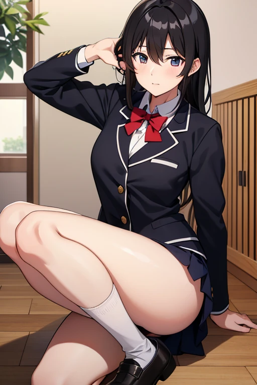 Very detailed CG Unity 8K 壁紙),(masterpiece), (Highest quality), (Very detailed), (Best illustrations),(Best Shadow)、1girl ass black_hair black_panties black_skirt blue_eyes blush cameltoe cardigan cleft_of_venus closed_mouth clothes_lift grabbing_own_thigh gridman_universe highres legs_up long_hair looking_at_viewer mibushiro orange_scrunchie panties partially_ass visible_vulva reclining school_uniform scrunchie sitting skirt skirt_lift solo ssss.gridman takarada_rikka thick_thighs thighs underwear white_cardigan wide_hips wrist_scrunchie
