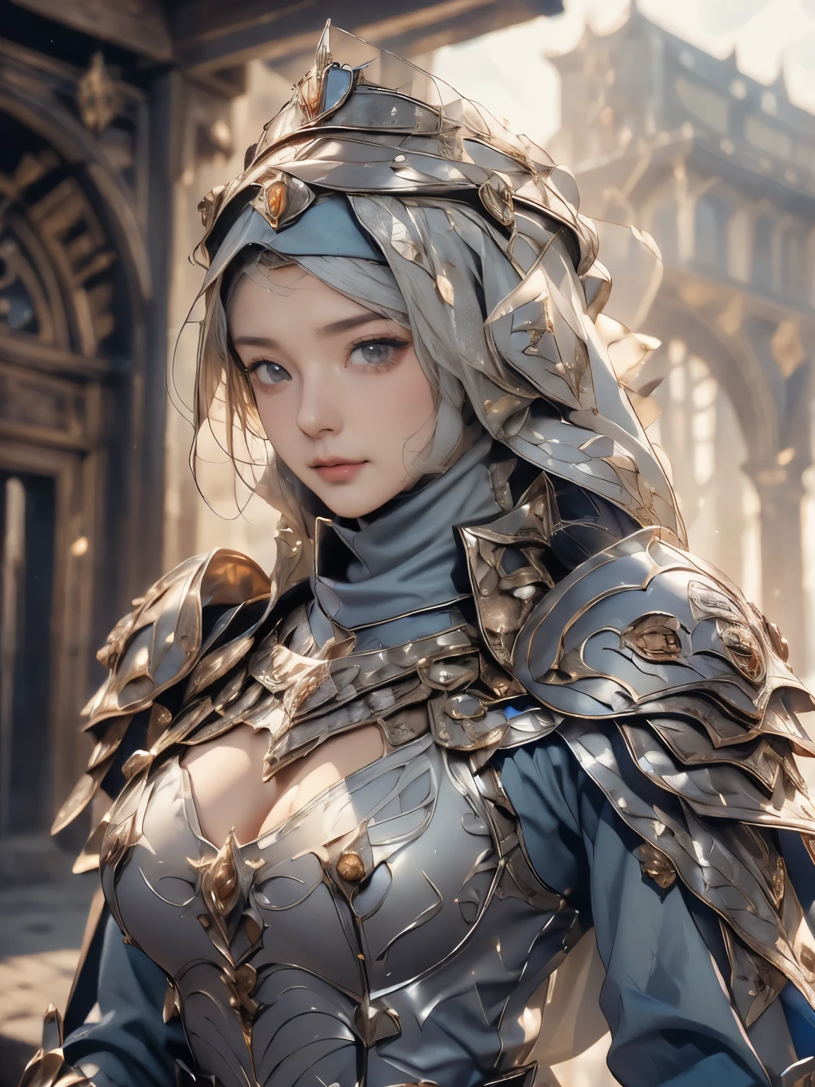 Princess, ((((Wearing the hijab)))), full armor with luxury pattern, Crown Luxury , blue eyes, Blonde, Around , (Red and silver hijab), masterpiece,The best quality at its best,High resolution,8k,((Portraiture)),(Upper Body),Original photo,Actual photo,Digital photography,(Female Princess in the medieval fantasy style),(Medieval Princess in fantasy style), virgin Princess ,blue eyes, Super huge breasts, Extravagant decoration of breasts plate armor,Lips parted,Make your lips look more attractive and glamorous,((Blushing)),Contempt for Virgins,calm and beautyfull ,(Medieval Fantasy Dress,Beautiful armor breasts, Narrow waist, perfect colossal breast of Princess body, oc rendering reflection texture, luxury breasts armor , Medieval castle background,