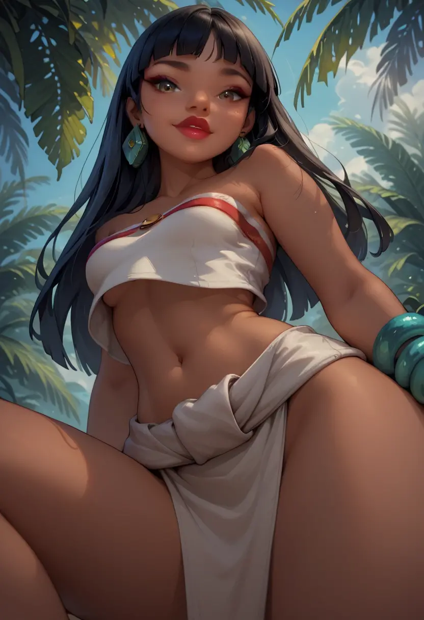 score_9, score_8_up, score_7_up, score_6_up, 8k nude Azula from avatar , black hair, and ,toned in red shorts, cameltoe, at beach,, fit,bottomless ,big ,(( nipple))