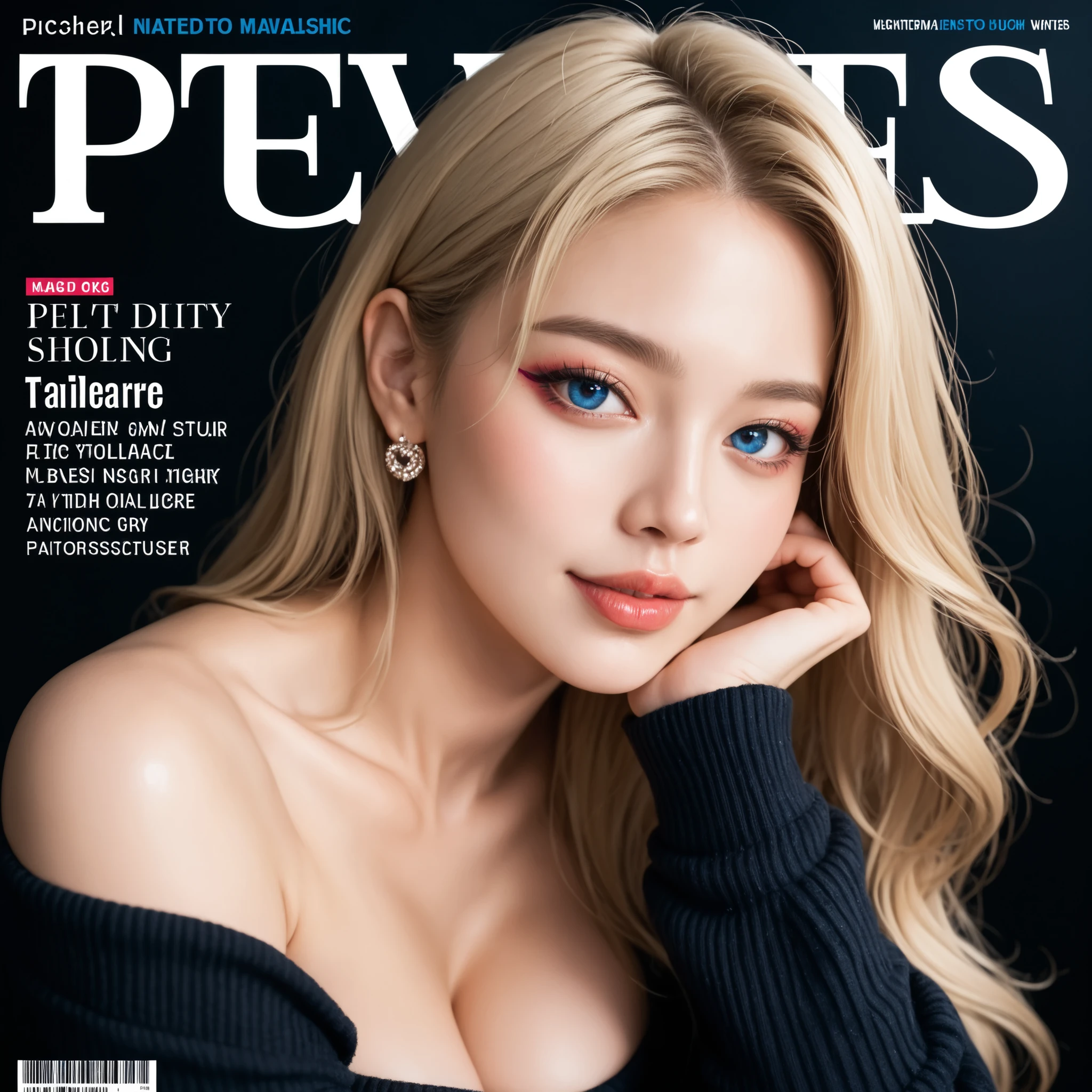 Score_9, Score_8_up, Score_7_up, Score_6_up, Score_5_up, Score_4_up, Source_anime, Tag1, Tag2, Quality_masterpiece, vibrant colors, Anatomically correct, 20 year old girl, Beautiful face, Perfect face, Highly detailed beautiful face and eyes, Attractive face, Detailed face, Delicate facial features, Detailed skin, perfecteyes, big breasts, big ass, thin waist, thick thighs, Eyelashes, blue eyes, (blonde long hair with bangs :1.1), layered hair, black sweater, Magazine cover featuring a stunning young woman posing confidently while holding a stylish camera, fashion model aesthetic, vibrant colors, highly detailed face and hands, elegant makeup, glossy lips, well-lit studio background with soft shadows, bold typography around her, (camera prominently displayed in her hands :1.2), professional lighting, ultra-realistic, cinematic style, high fashion tone, clean layout, high-resolution commercial look, magazine cover, fake magazine cover, cover, fake cover, price, cover page, text focus, barcode, content rating, dated