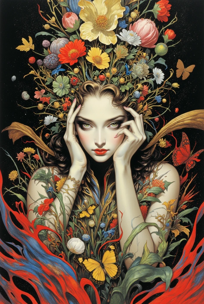 Lady with flowers on her head is an acrylic painting, no estilo de Lucy Glendinning, Tony Diterlizzi, organic and naturalistic compositions, Floral explosions, escolha gigante, laranja claro e marrom, rostos serenos --ar 3:4 -